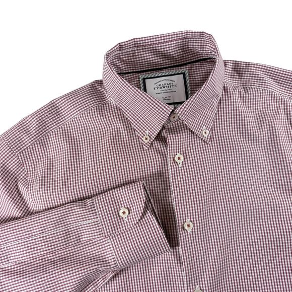 Men's Casual Button Down Shirt - Burgundy Checkered - Picture 1 of 8